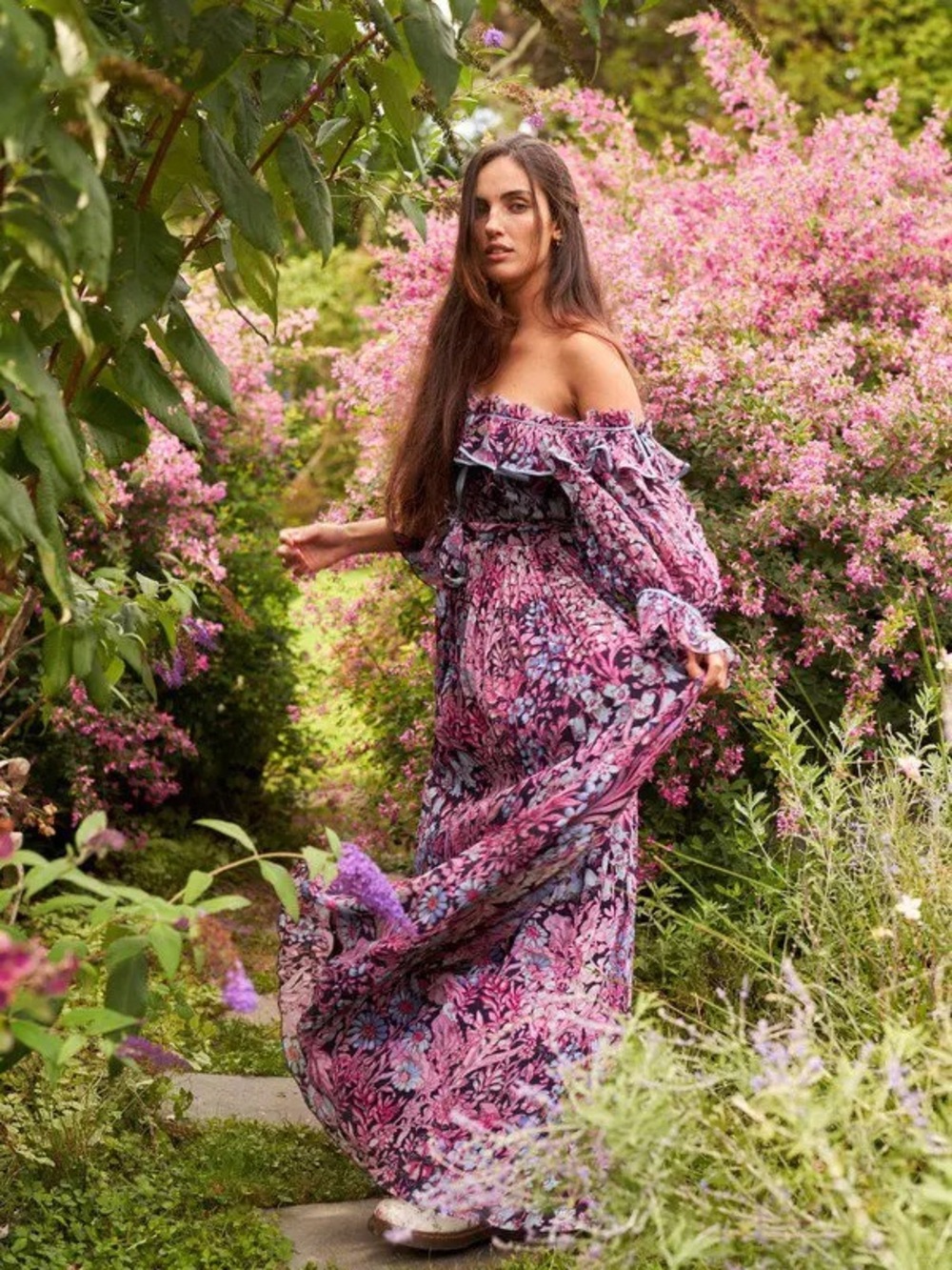 LoveShackFancy Pink Floral Off-Shoulder Maxi Dress